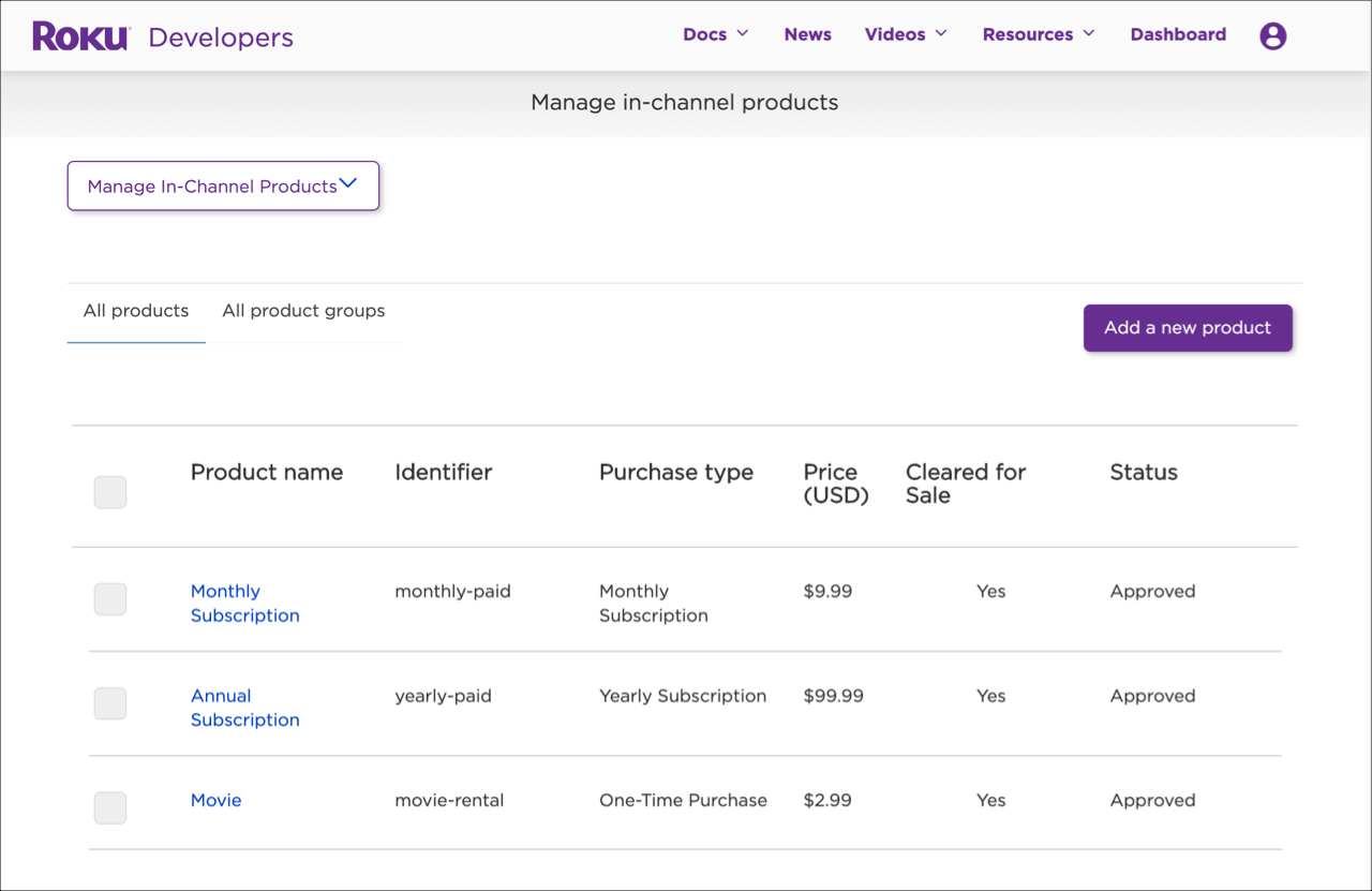 Adding in-channel products | Roku Developer