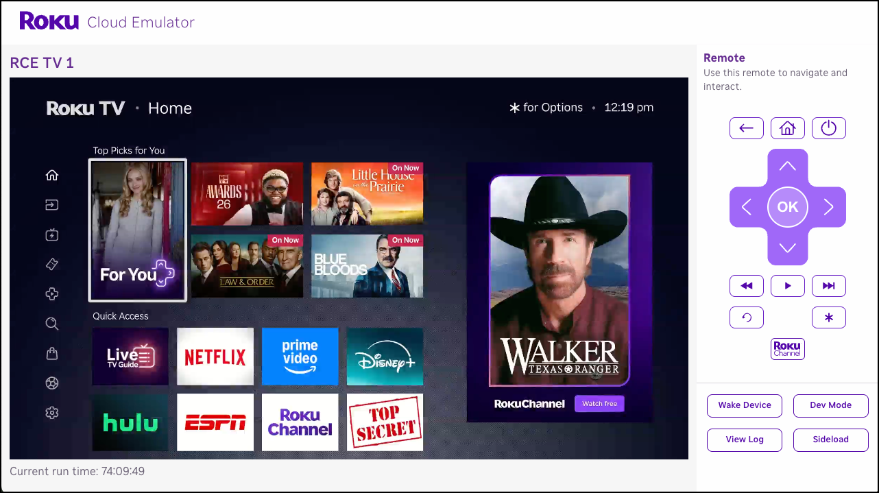 An activated virtual Roku TV in the Cloud Emulator device viewer, with the virtual remote alongside it