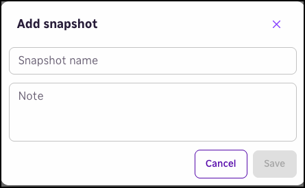 The Add snapshot dialog with fields for a snapshot name and note