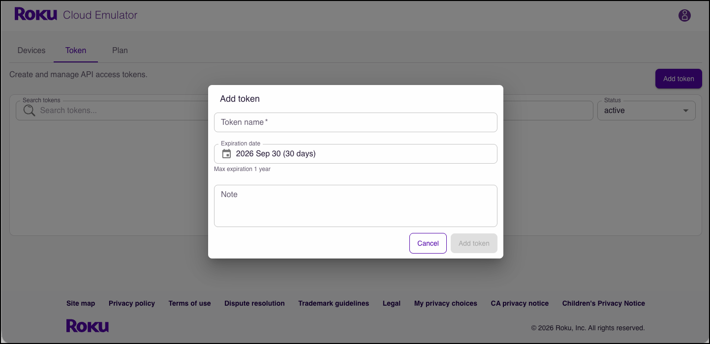 The Add token dialog on the Cloud Emulator Token tab