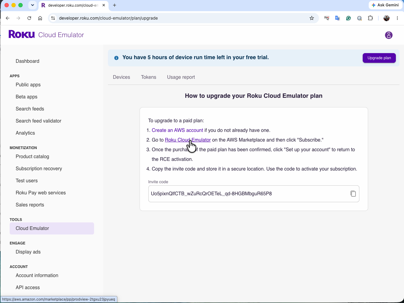 The upgrade page with the Roku Cloud Emulator AWS Marketplace link