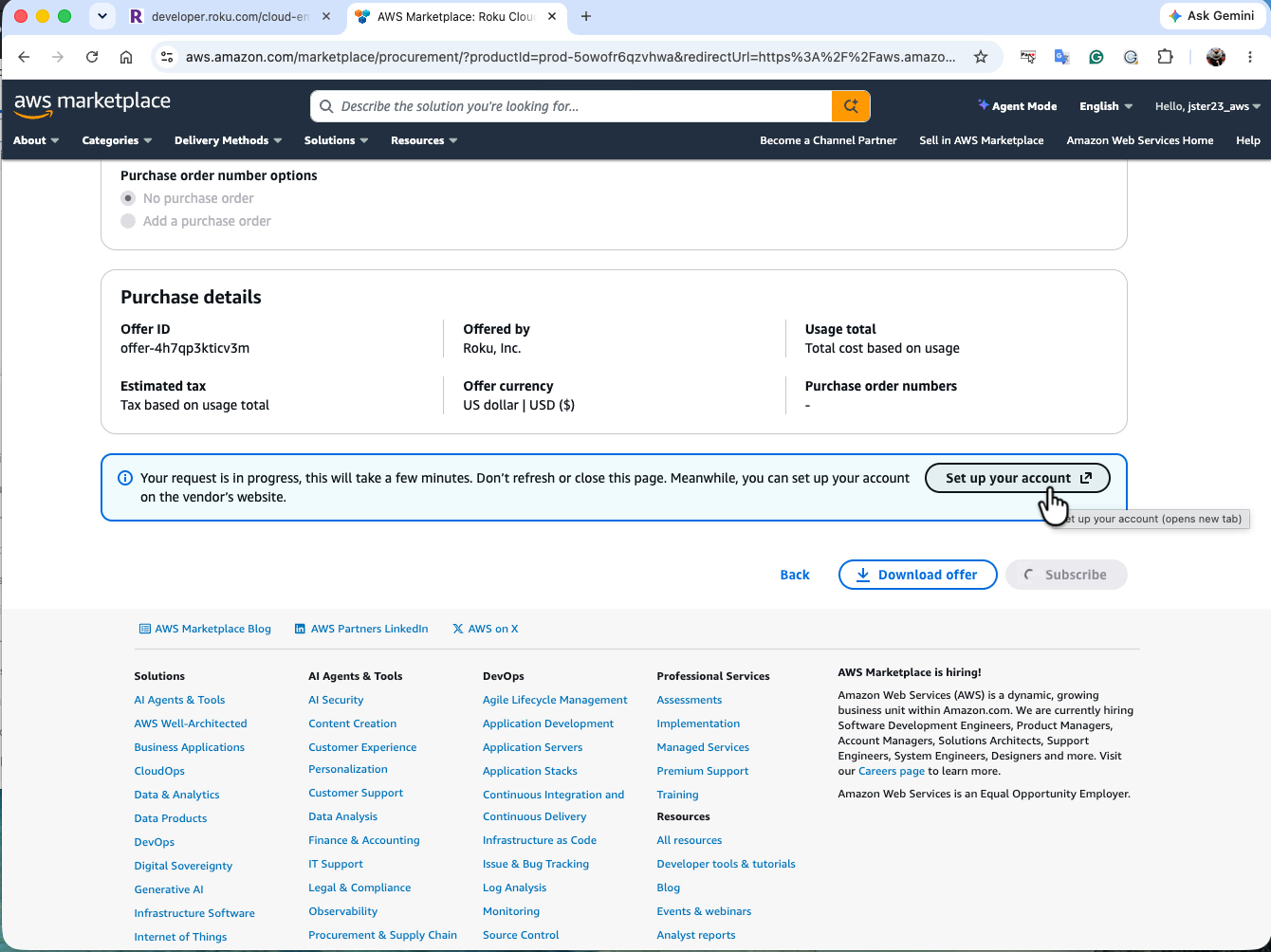 The AWS Marketplace purchase confirmation with the Set up your account button