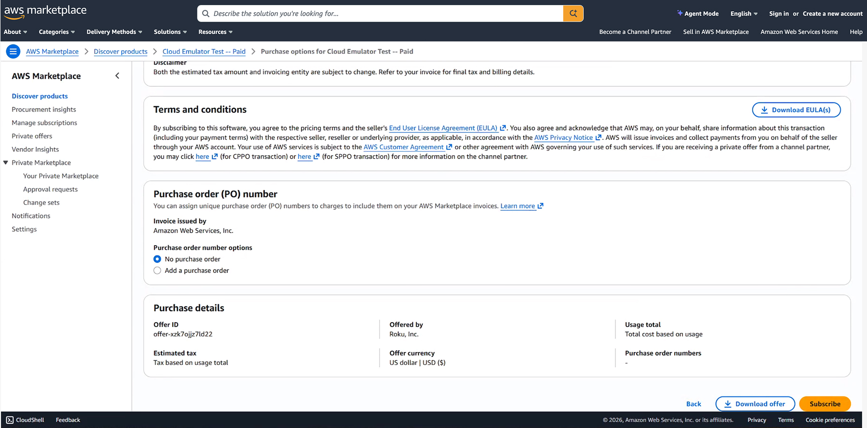The Roku Cloud Emulator listing in the AWS Marketplace with the Subscribe button