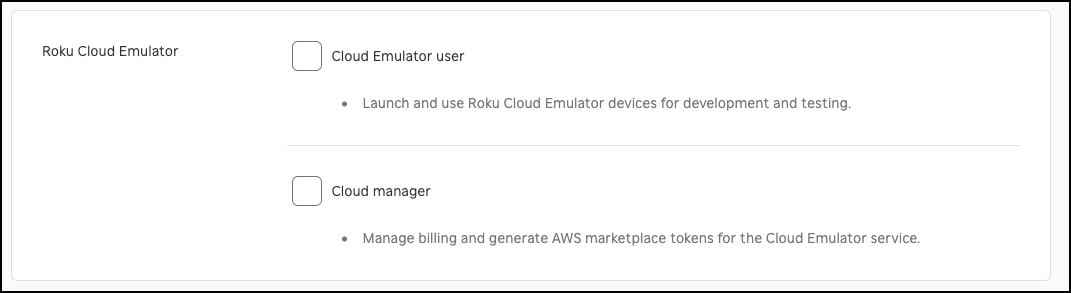 The Cloud Emulator user and Cloud manager role options when inviting a user
