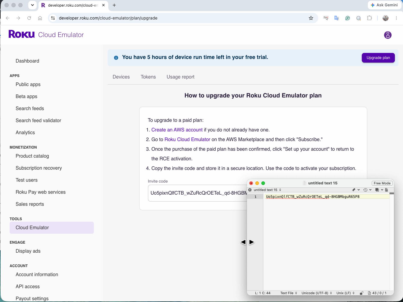The upgrade page with the invite code copied and stored