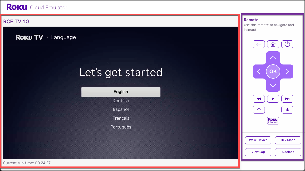 The Let's get started language selection screen on a newly launched virtual device