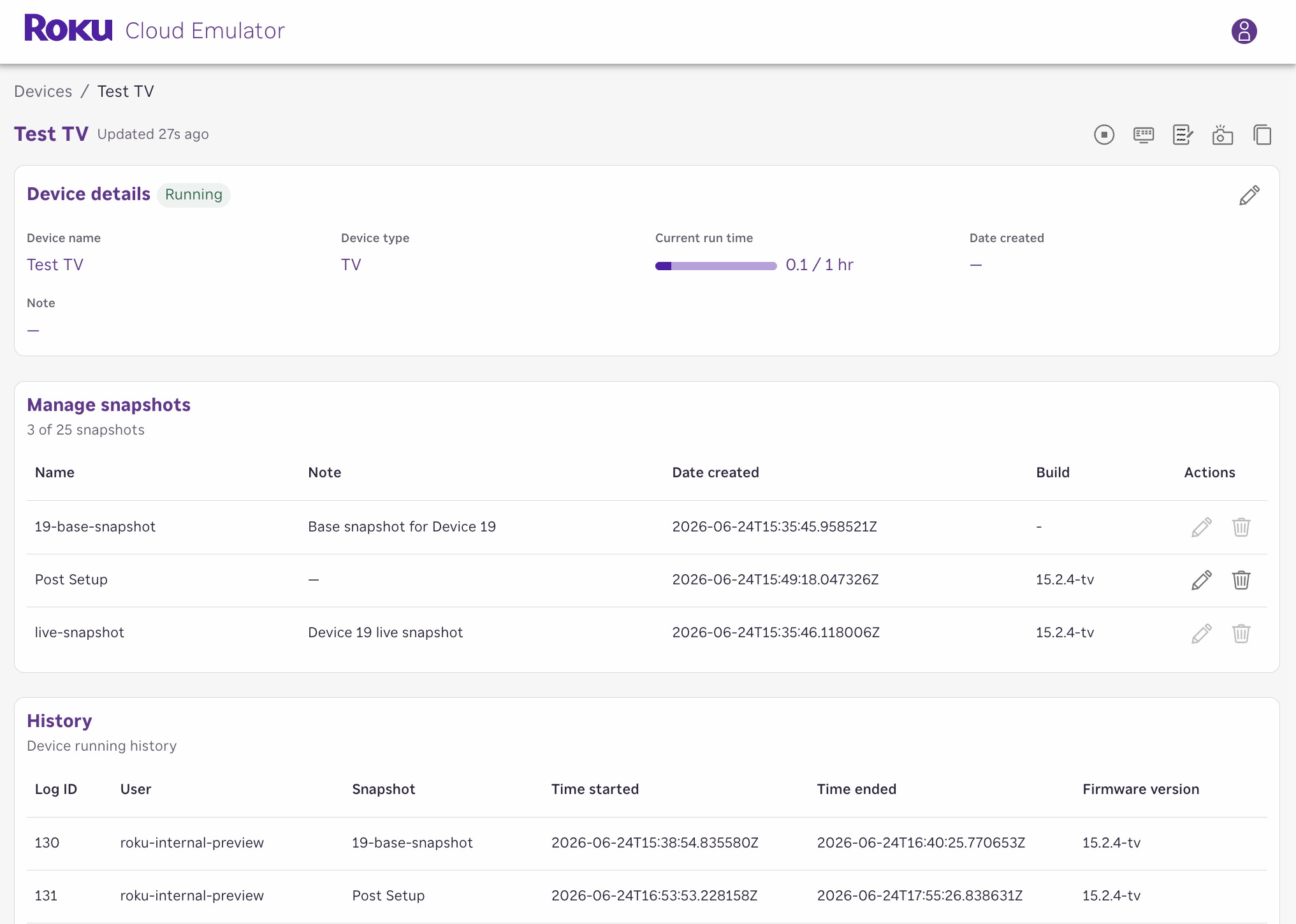 The Device details page showing device information, snapshots, and run history