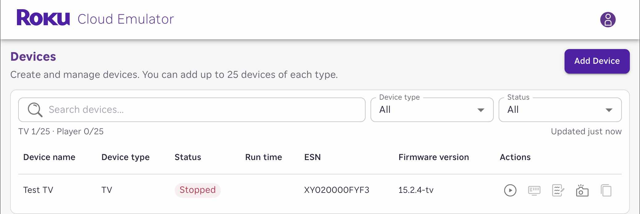 The Cloud Emulator Devices page listing virtual devices with their status and firmware