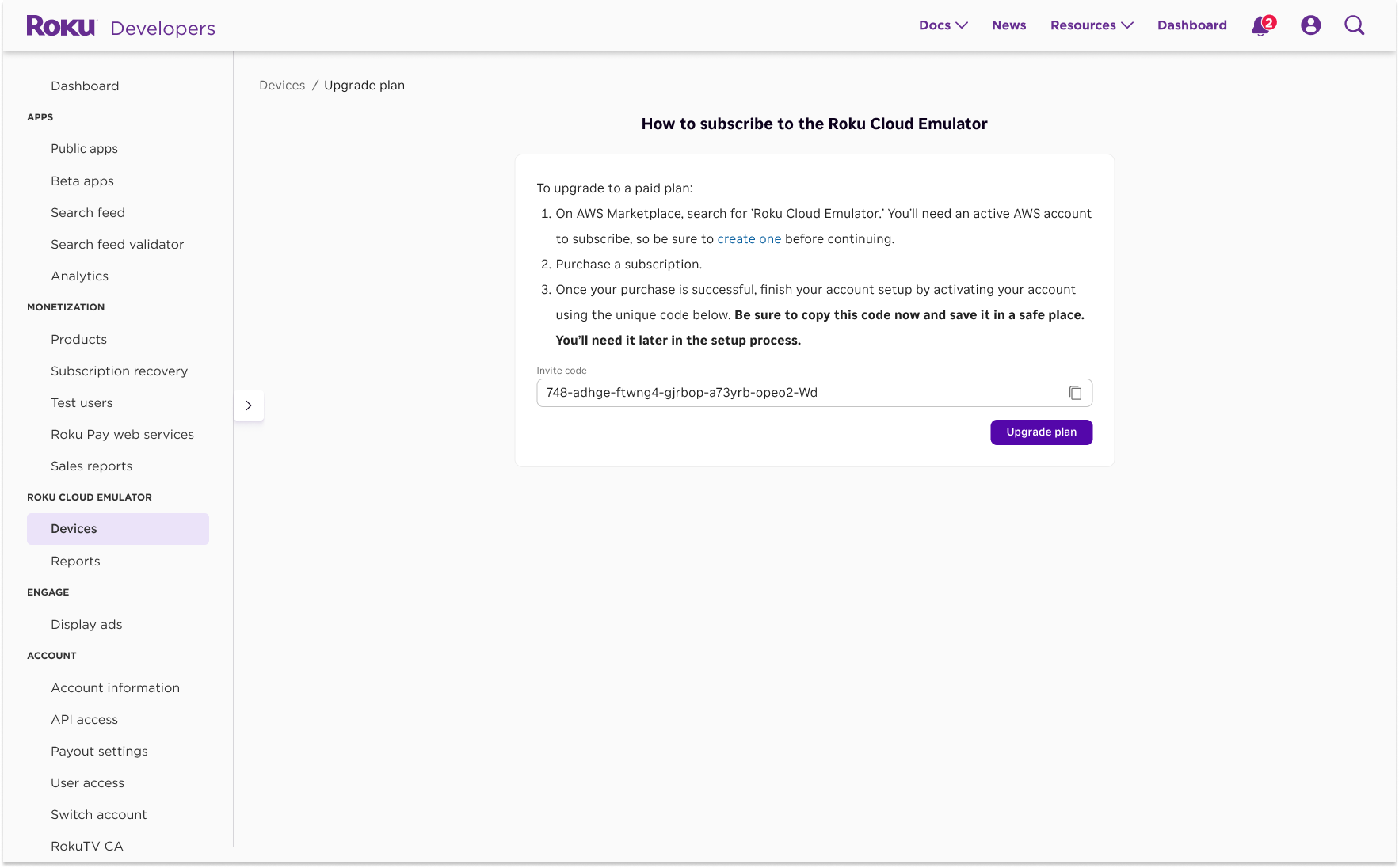 The Upgrade plan page showing the subscription instructions and the invite code