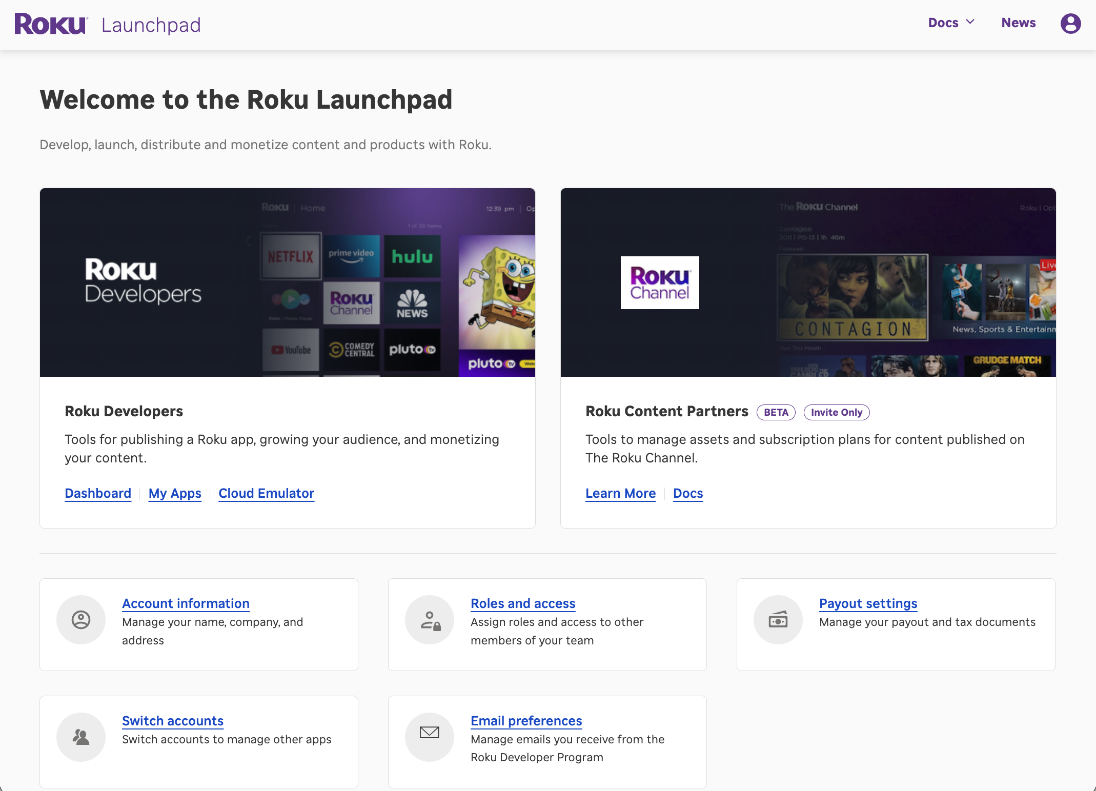 The Roku Launchpad with the Cloud Emulator link in the Roku Developers pane