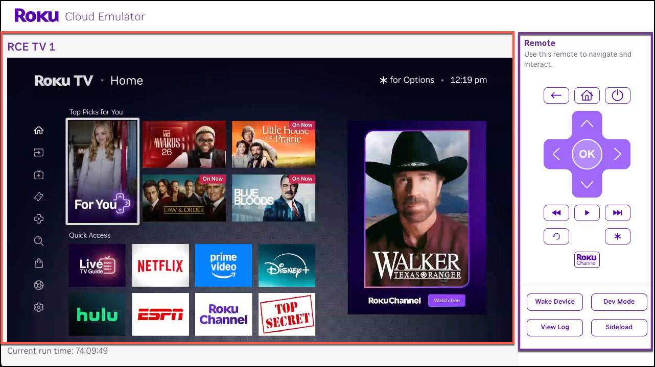 The Cloud Emulator web UI showing the device viewer and the virtual remote