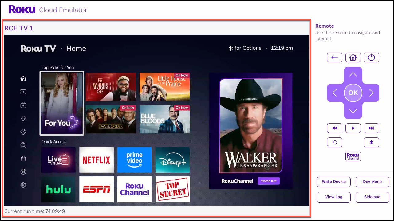 The Cloud Emulator device viewer with the virtual device screen highlighted