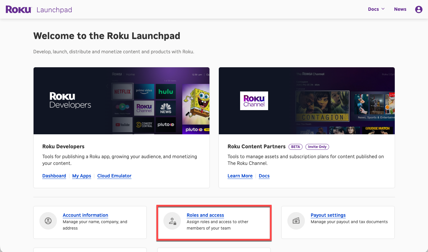 The Roku Launchpad with Roles and access highlighted
