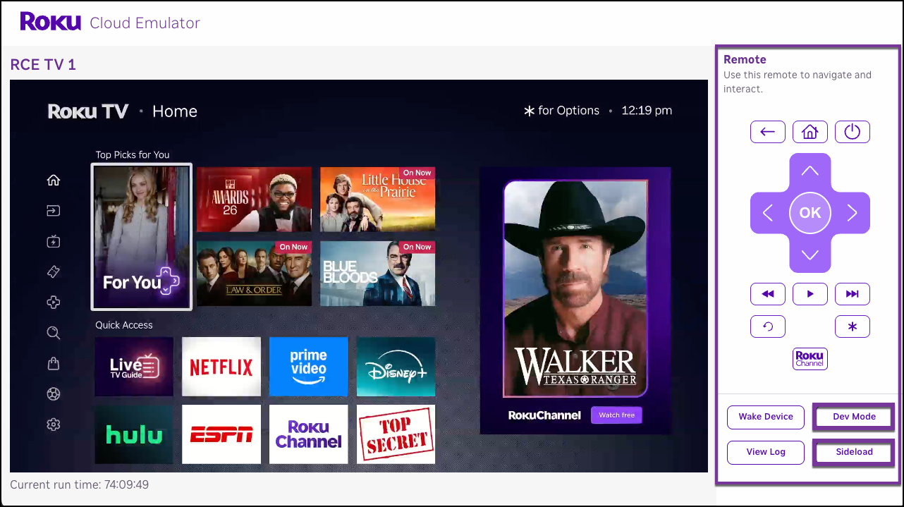 The device viewer with the Sideload button highlighted
