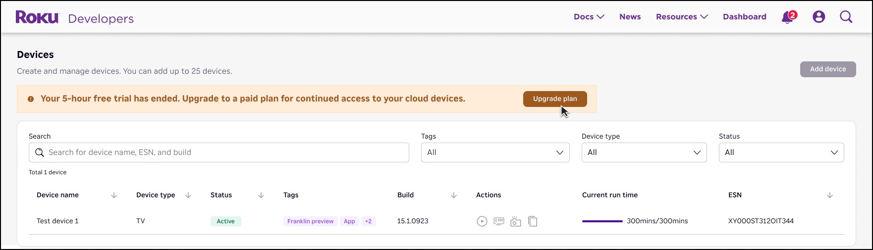 The Devices page showing the free-trial banner and the Upgrade plan button