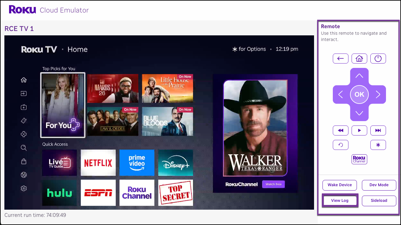 The Cloud Emulator device viewer with the View Log button highlighted