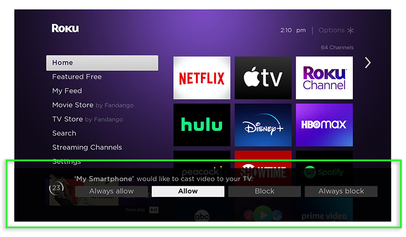 Roku screen mirroring prompt appears on bottom of screen