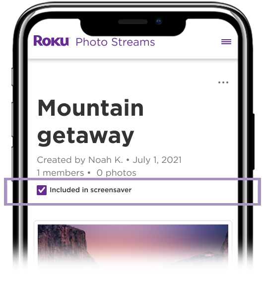 Using the Roku mobile app to choose to include a Photo Stream in the screensaver on your Roku streaming device