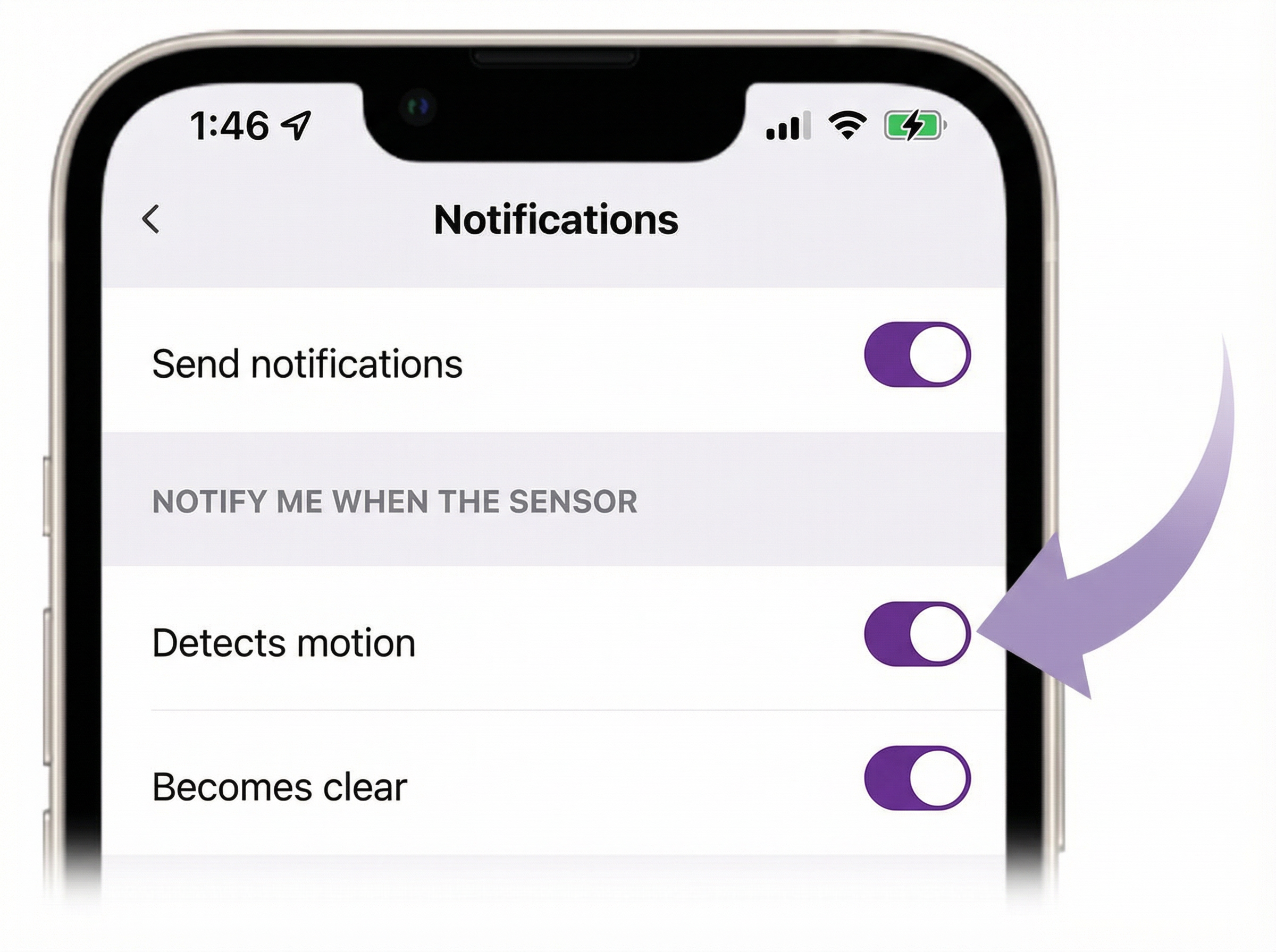 Roku Smart Home mobile app notifications screen with notification settings highlighted
