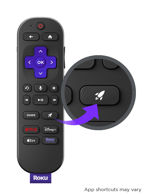 Diagram showing a close up of the Quick Launch button on the Roku Voice Remote Pro (2nd Edition)