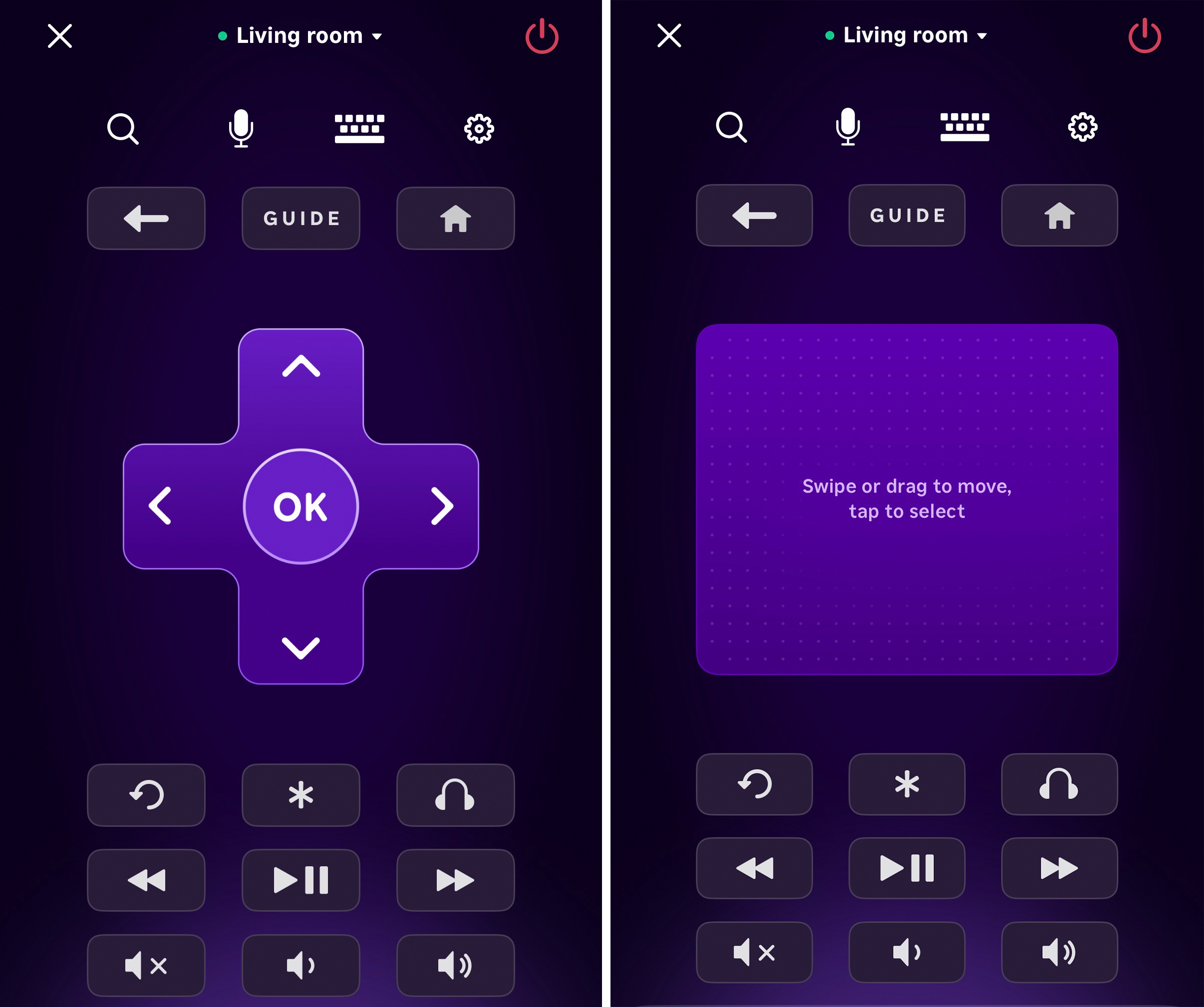 Roku mobile app - traditional versus swipe remote control