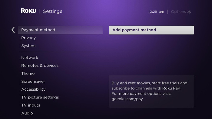 Payment method settings screen - add payment method