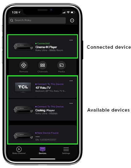 List of your Roku devices on the Roku mobile app