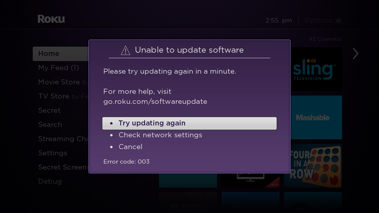 What should I do if my Roku® device is unable to update software