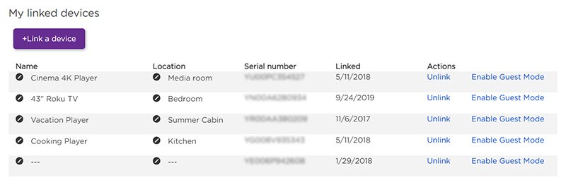 List of your Roku devices on my.roku.com