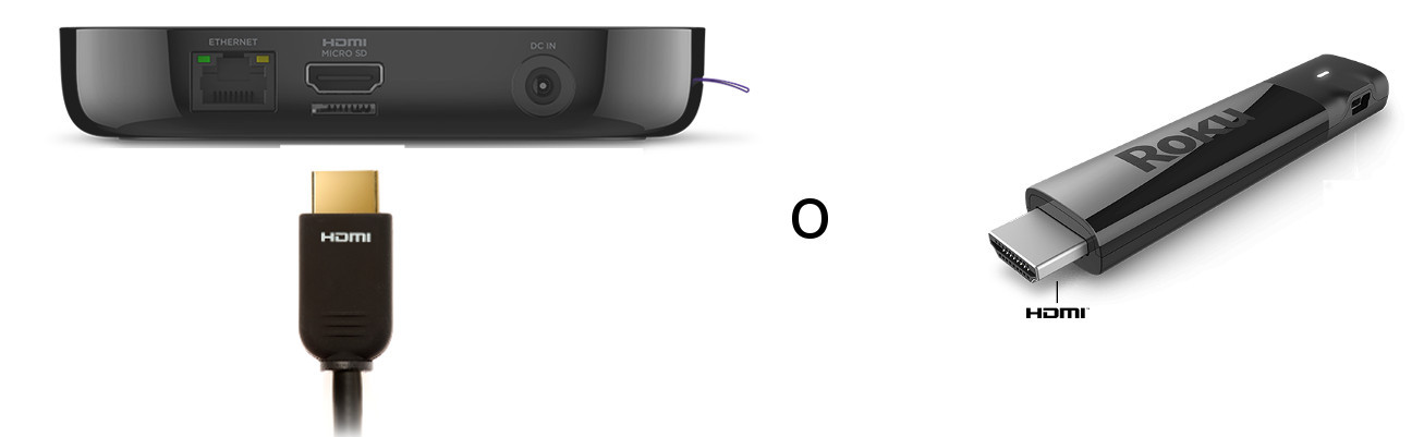 Parte posterior del reproductor Roku con cable HDMI conectado o Streaming Stick que se conecta directamente a un puerto HDMI