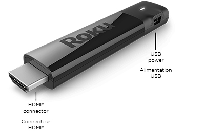 Gros plan sur un Roku Streaming Stick+ montrant le port HDMI et le connecteur d’alimentation